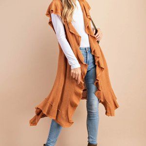 SLEEVELESS RUFFLE HOODIE LONG CARDIGAN
